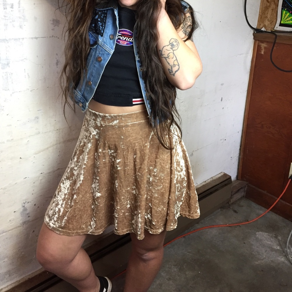 TOPSHOP gold velvet skater skirt